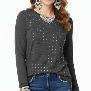 Ann Taylor Factory Navy/Silver Studded Long Sleeve Embellished Tee - Small